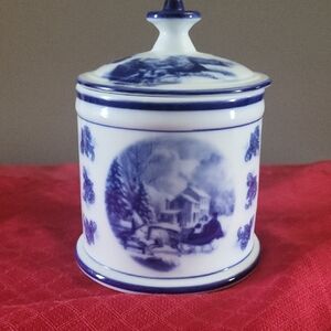 Blue and White Ceramic Jar with Lid From CRACKER BARREL